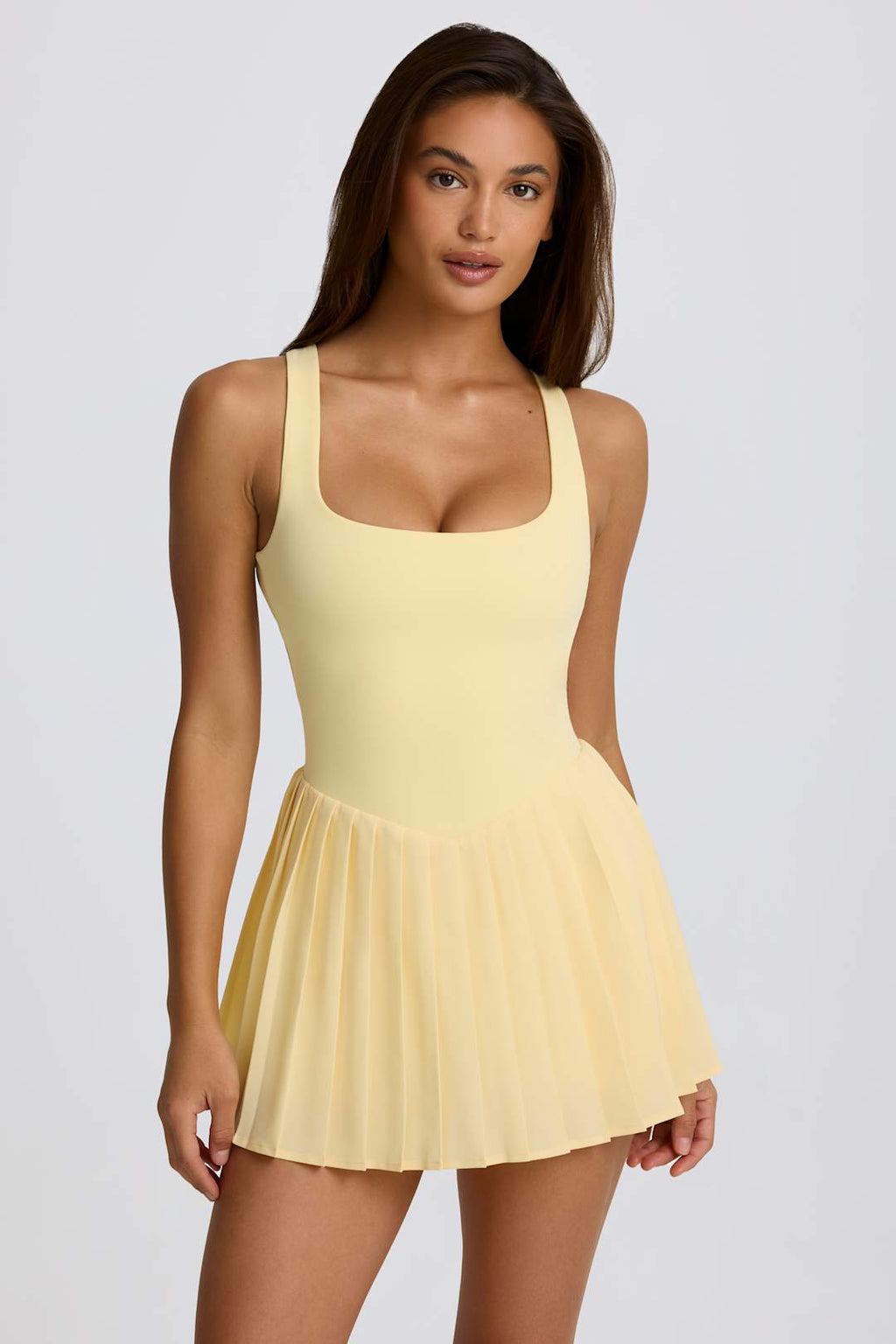 Soft Active Open-Back Pleated Tennis Dress in Ivory