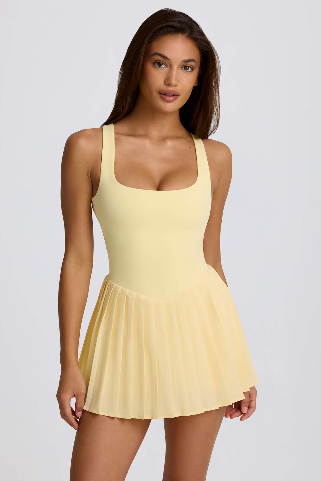 Soft Active Open-Back Pleated Tennis Dress in Ivory